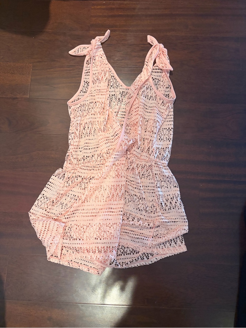 Girls Pink Crochet Romper with Tie Straps
